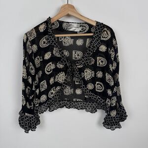 Phenomenon Womens L Black Floral Sheer Blouse Tie Front Bell Sleeve Whimsigoth